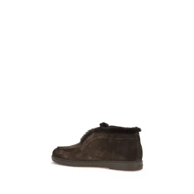 Santoni Suede Fur Trim Ankle Height Loafers In Brown