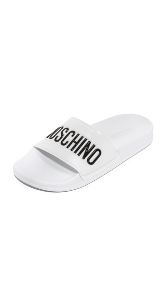 white moschino slides