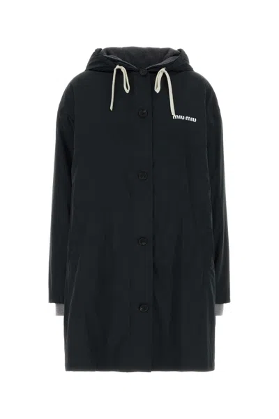 Miu Miu Single-breasted Hooded Parka Coat In Black