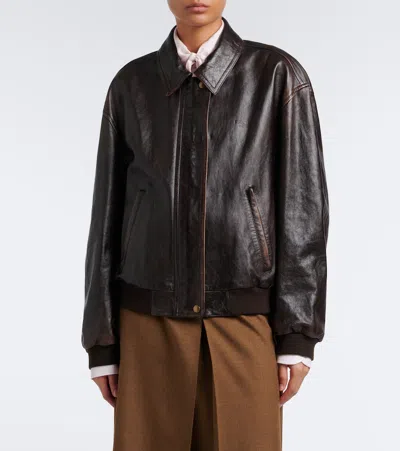 Prada Oversized Leather Blouson Jacket In Brown