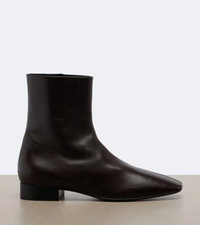 The Row Solid Color Leather Ankle Boots In Brown