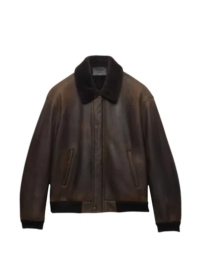 Prada Collared Long-sleeved Leather Jacket In Brown
