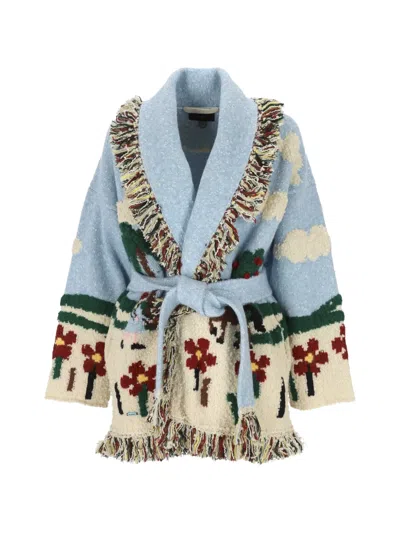 Alanui Wool Jacquard Belted Fringed Cardigan In Blue