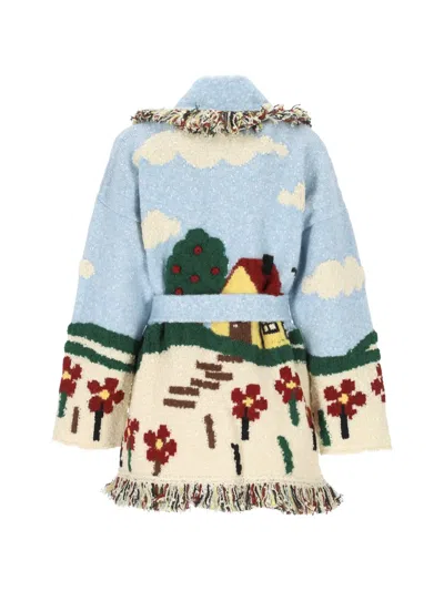 Alanui Wool Jacquard Belted Fringed Cardigan In Blue