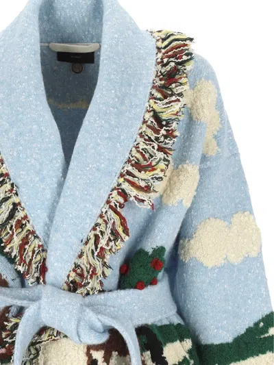 Alanui Wool Jacquard Belted Fringed Cardigan In Blue