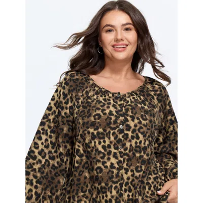 Bloomchic Leopard Print Round Neck Button‑front Blouse In Darkbrown