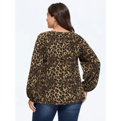 Bloomchic Leopard Print Round Neck Button‑front Blouse In Darkbrown