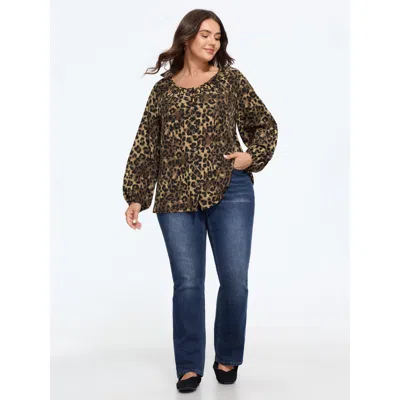Bloomchic Leopard Print Round Neck Button‑front Blouse In Darkbrown