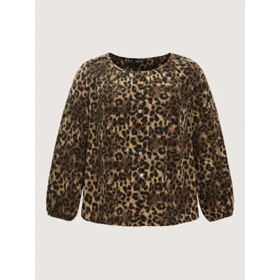 Bloomchic Leopard Print Round Neck Button‑front Blouse In Darkbrown