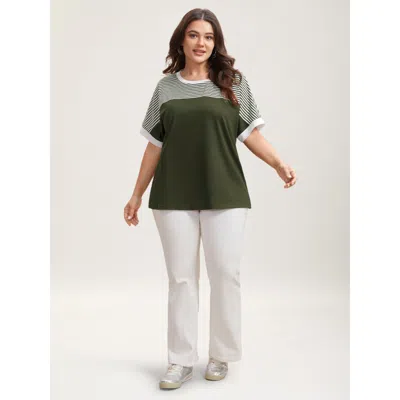 Bloomchic Solid And Striped Contrast Hem T-shirt In Black Forest