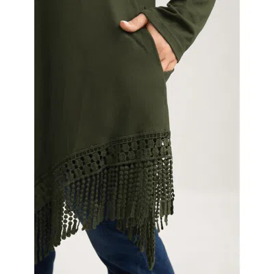Bloomchic Solid Tassels Trim Pocket Asymmetrical Hem T-shirt In Black Forest