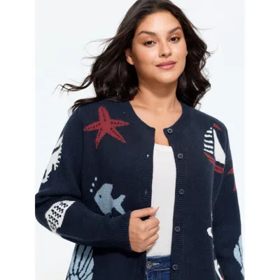 Bloomchic Supersoft Starfish Shell Jacquard Button Front Cardigan In Indigo