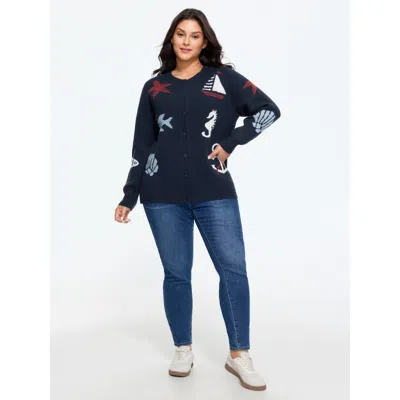 Bloomchic Supersoft Starfish Shell Jacquard Button Front Cardigan In Indigo