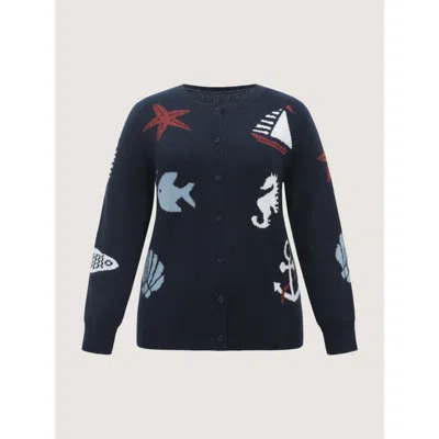 Bloomchic Supersoft Starfish Shell Jacquard Button Front Cardigan In Indigo