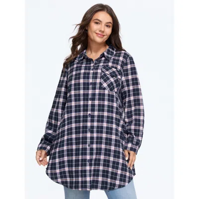 Bloomchic Plaid Patch Pocket Button Down Jacket In Indigo