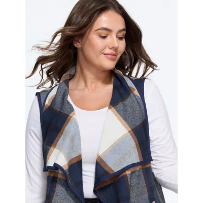 Bloomchic Plaid Waterfall Lapel Open‑front Vest In Indigo