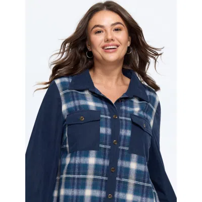Bloomchic Plaid Corduroy Patchwork Button Down Jacket In Darkblue