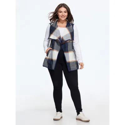 Bloomchic Plaid Waterfall Lapel Open‑front Vest In Indigo