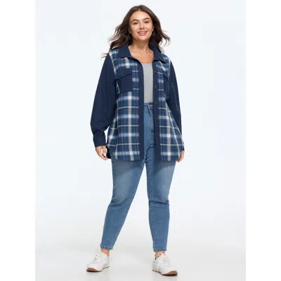 Bloomchic Plaid Corduroy Patchwork Button Down Jacket In Darkblue