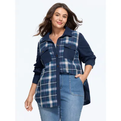Bloomchic Plaid Corduroy Patchwork Button Down Jacket In Darkblue