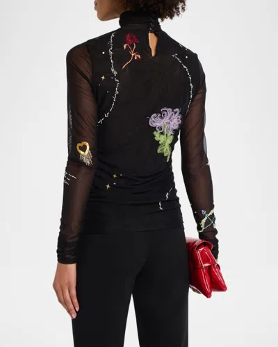 Cinq À Sept Starry Scribbles Mesh Turtleneck Top In Black Mult