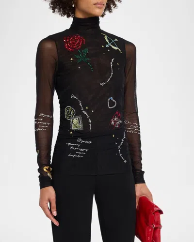 Cinq À Sept Starry Scribbles Mesh Turtleneck Top In Black Mult