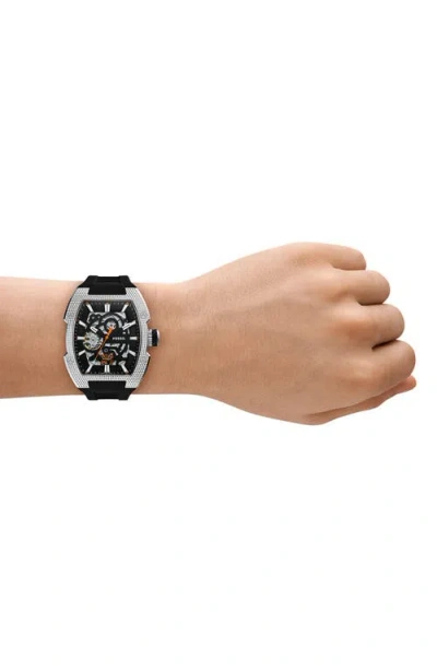 Fossil Machine Automatic Silicone Strap Watch In Black/silver