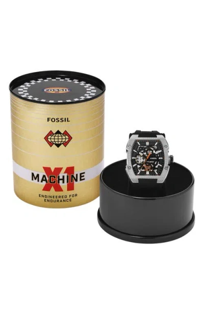Fossil Machine Automatic Silicone Strap Watch In Black/silver