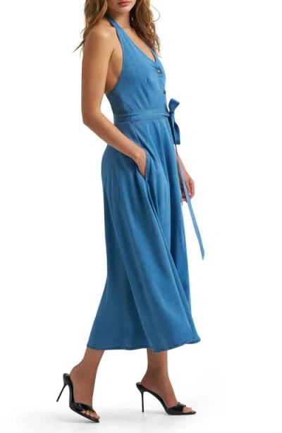 Lee Belted Button Front Midi Dress In Blue