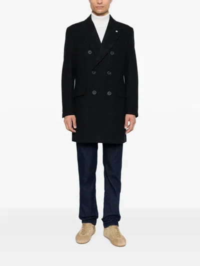Manuel Ritz Double-breasted Check Coat In Blue