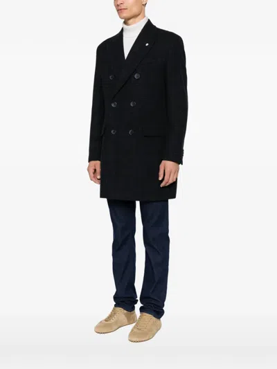 Manuel Ritz Double-breasted Check Coat In Blue