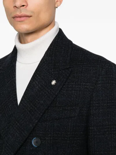 Manuel Ritz Double-breasted Check Coat In Blue