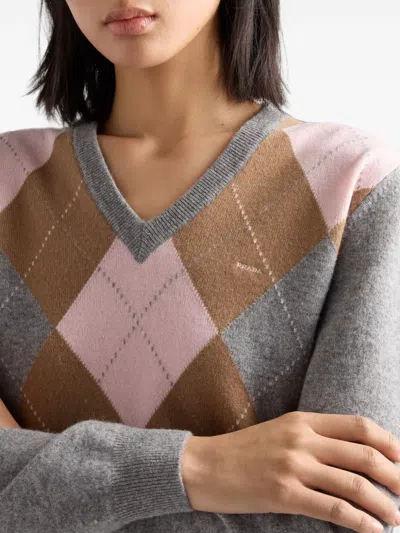 Prada Argyle-pattern V-neck Cashmere Sweater In Multi