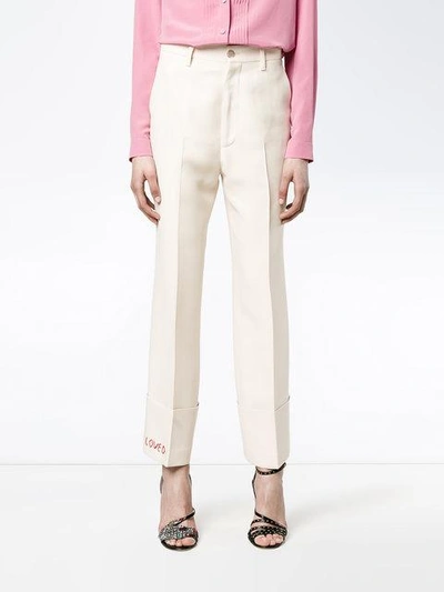 Shop Gucci Loved Embroidered Wide-leg Trousers In Neutrals