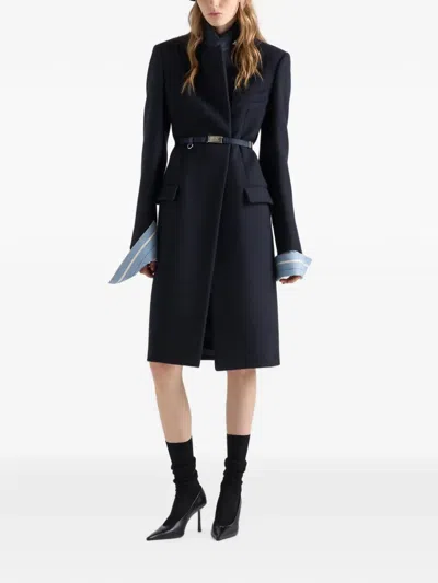 Prada Single-breasted Embroidered Double Wool Coat In Blue