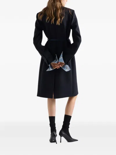 Prada Single-breasted Embroidered Double Wool Coat In Blue