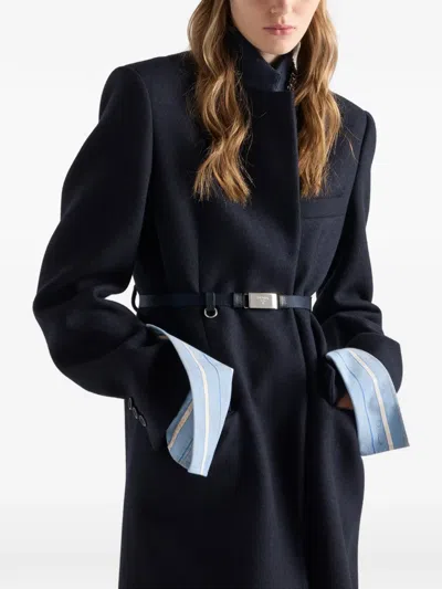 Prada Single-breasted Embroidered Double Wool Coat In Blue