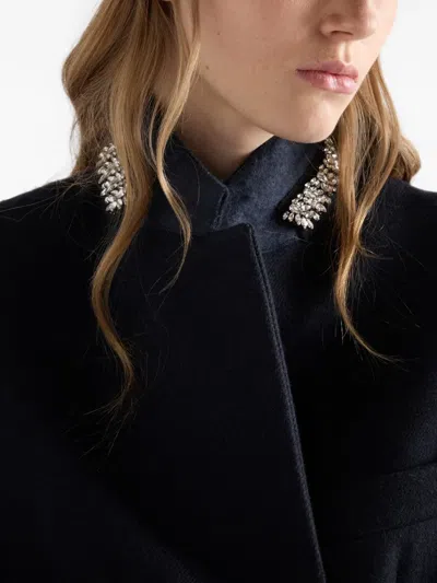 Prada Single-breasted Embroidered Double Wool Coat In Blue