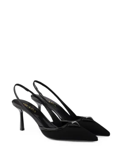 Prada 70 Triangle Logo Leather And Mesh Slingback Pumps In Black