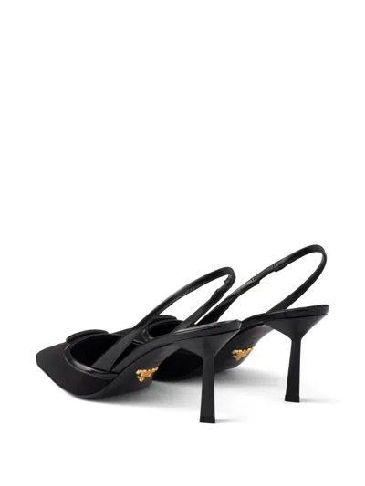 Prada 70 Triangle Logo Leather And Mesh Slingback Pumps In Black