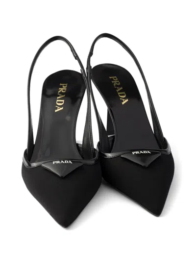 Prada 70 Triangle Logo Leather And Mesh Slingback Pumps In Black