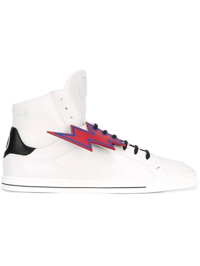 Fendi Lightning Bolt Leather High-top Sneakers, White