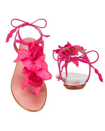 Shop Aquazzura Flora Pink Suede Thong Sandals