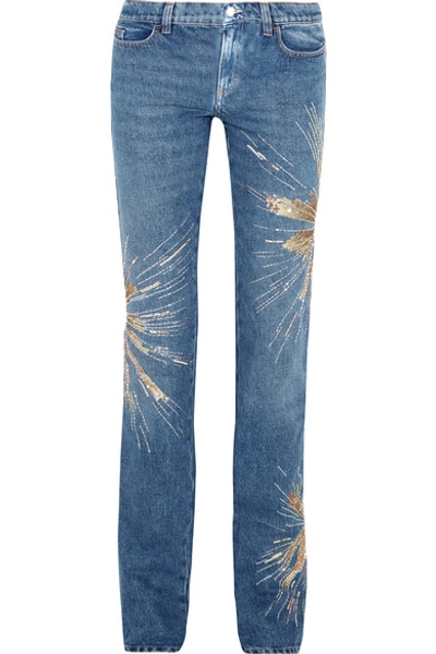 Attico Woman Ava Embellished Low-rise Slim-leg Jeans Mid Denim