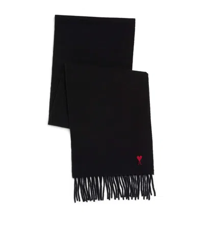 Ami Alexandre Mattiussi Ami Paris Ami De Coeur Wool Scarf With Fringed Edges In Black