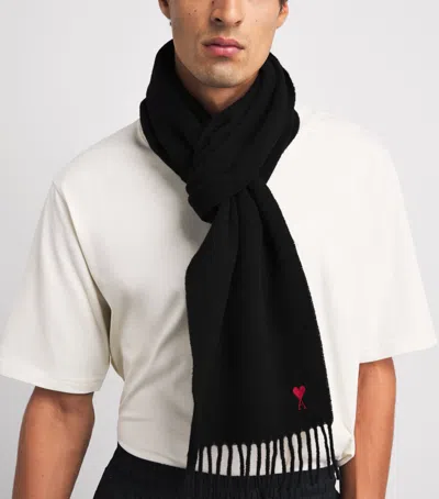Ami Alexandre Mattiussi Ami Paris Ami De Coeur Wool Scarf With Fringed Edges In Black