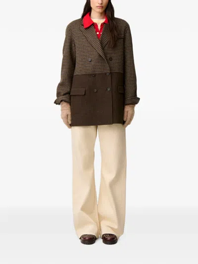 Claudie Pierlot Plain Checked Wool Coat In Brown