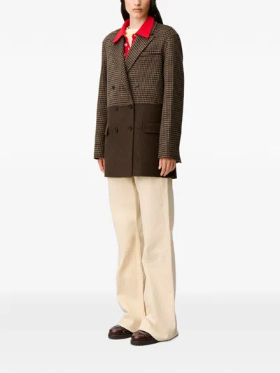 Claudie Pierlot Plain Checked Wool Coat In Brown