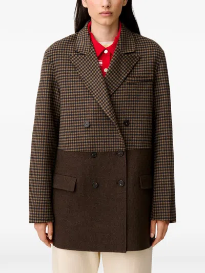 Claudie Pierlot Plain Checked Wool Coat In Brown