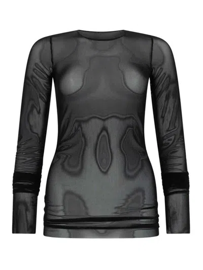 Rick Owens Long Sleeve Stretch Sheer Round Neck Top In Black